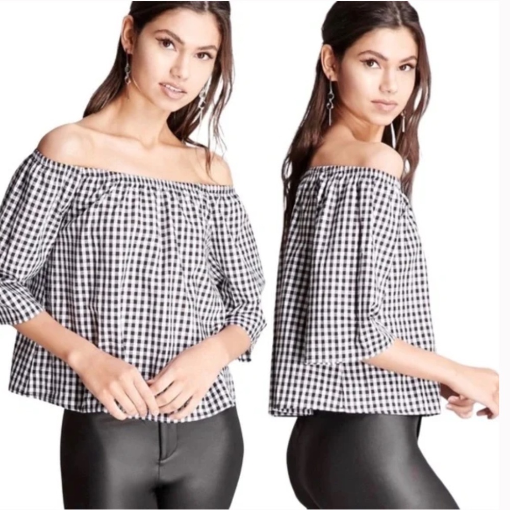 Honey Punch Gingham Check Off Shoulder 1/2 Sleeve Top
